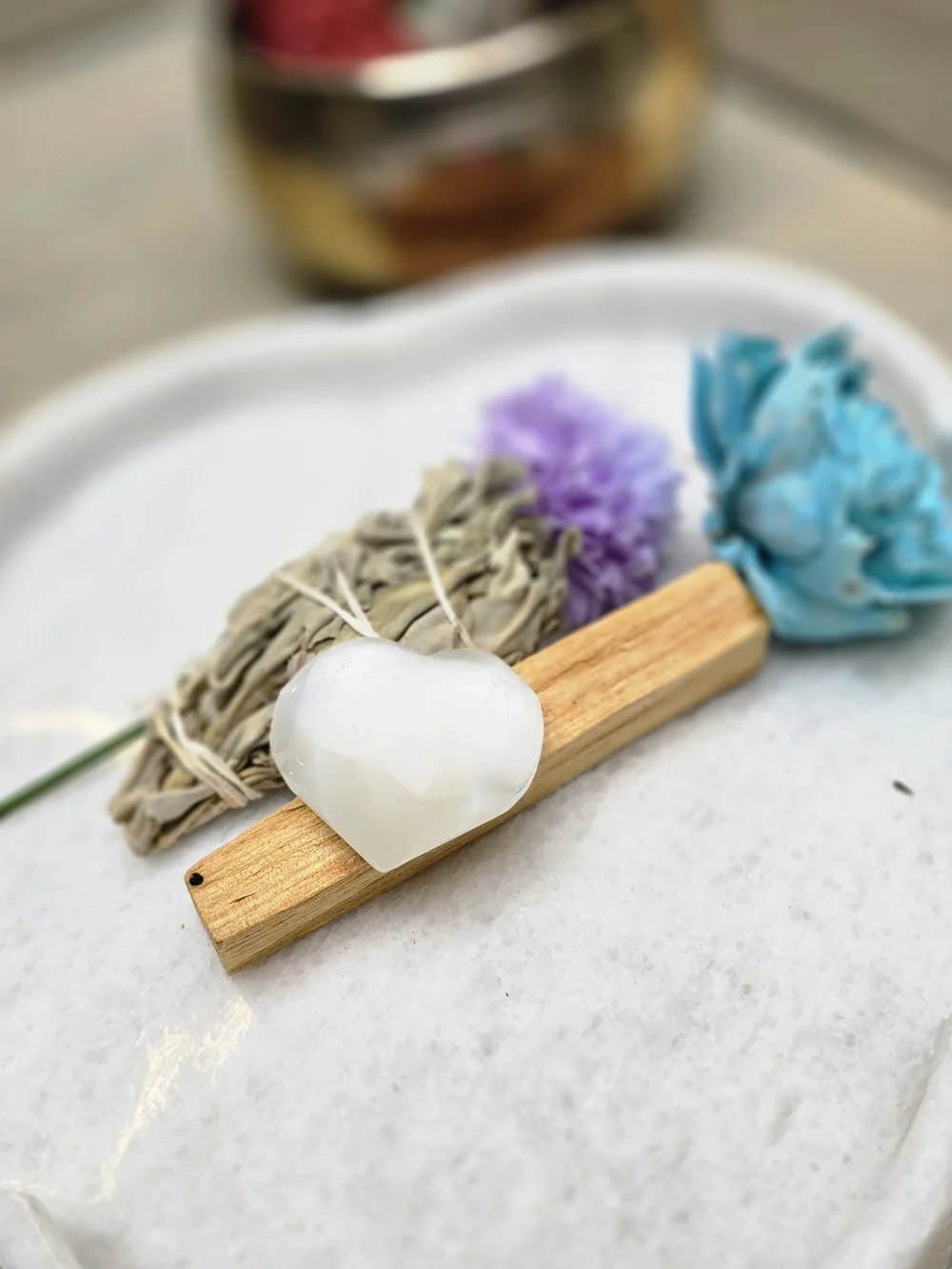 White Heart Selenite Crystal on Palo Santo - Home Bath Accent